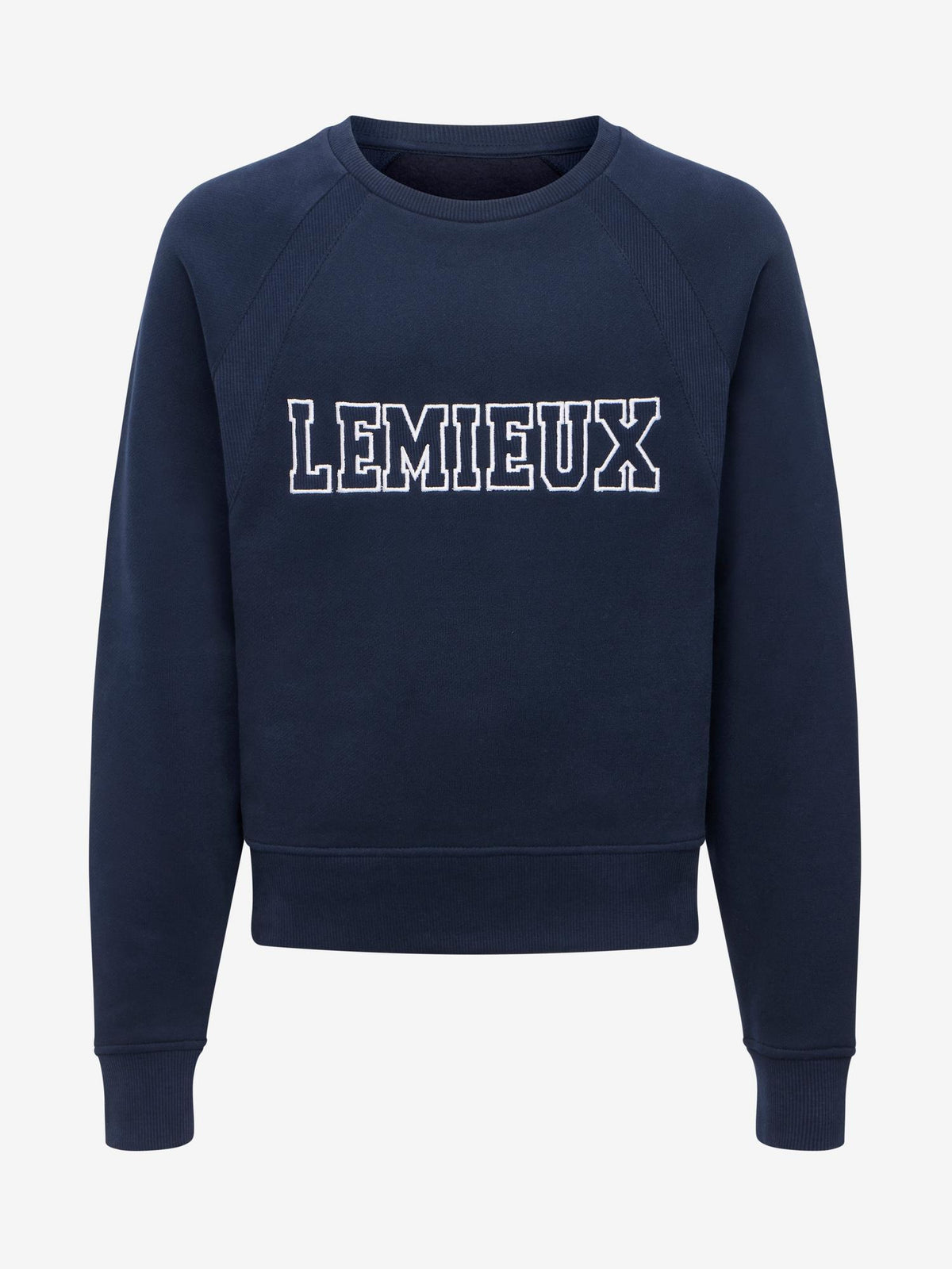 Navy blue LeMieux young rider varsity crew neck sweatshirt with contrast chest graphic.