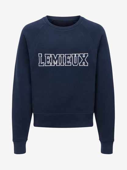 Navy blue LeMieux young rider varsity crew neck sweatshirt with contrast chest graphic.
