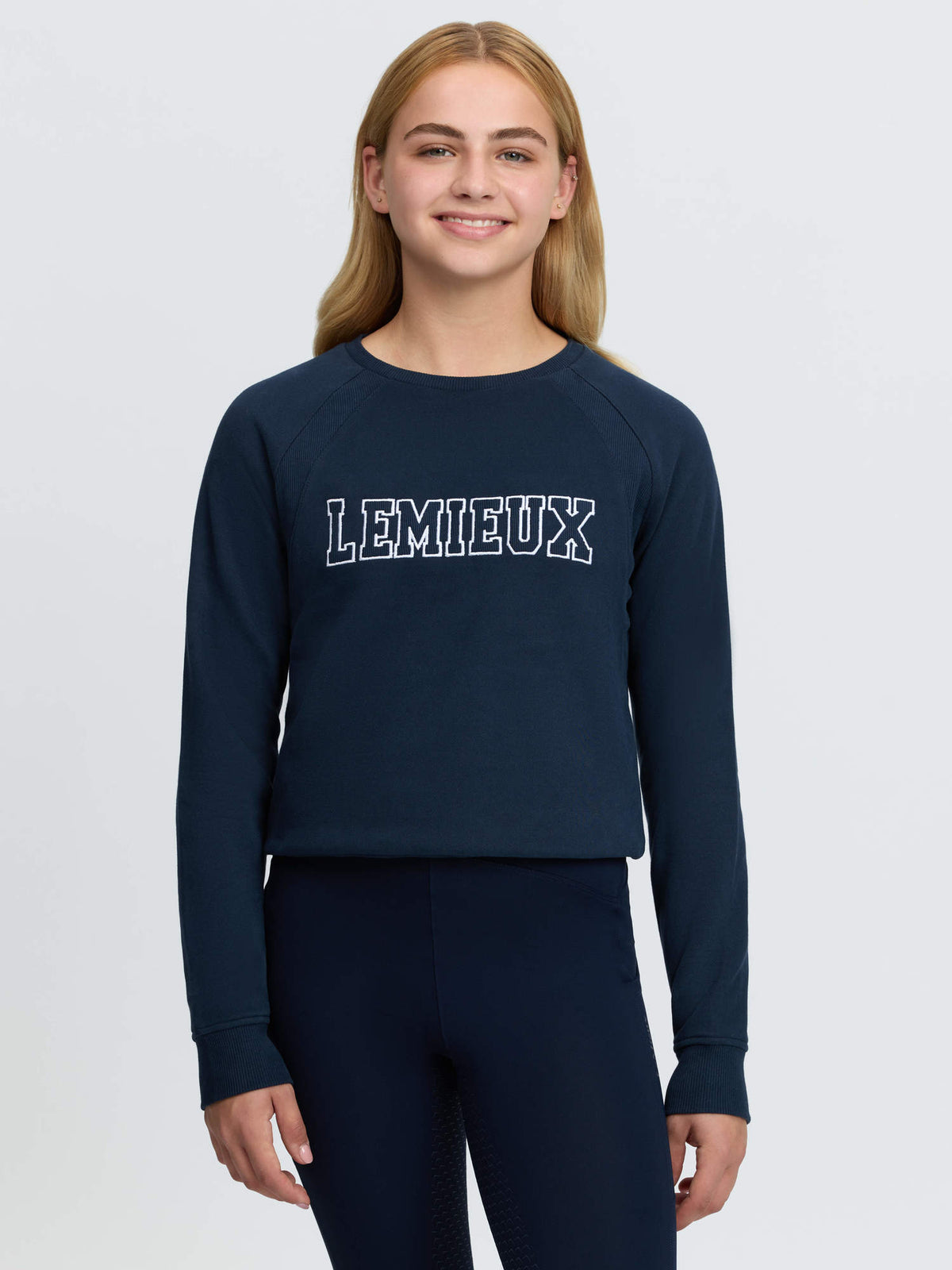 LeMieux Young Rider Shay Varsity Crew Navy sweatshirt for equestrian style.