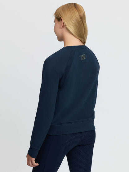 LeMieux Young Rider Shay Varsity Crew Navy sweatshirt with embroidered 'M' logo.