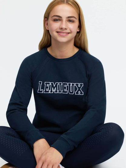 LEMIENX Young Rider Shay Varsity Crew Navy Sweatshirt for equestrian style and comfort.
