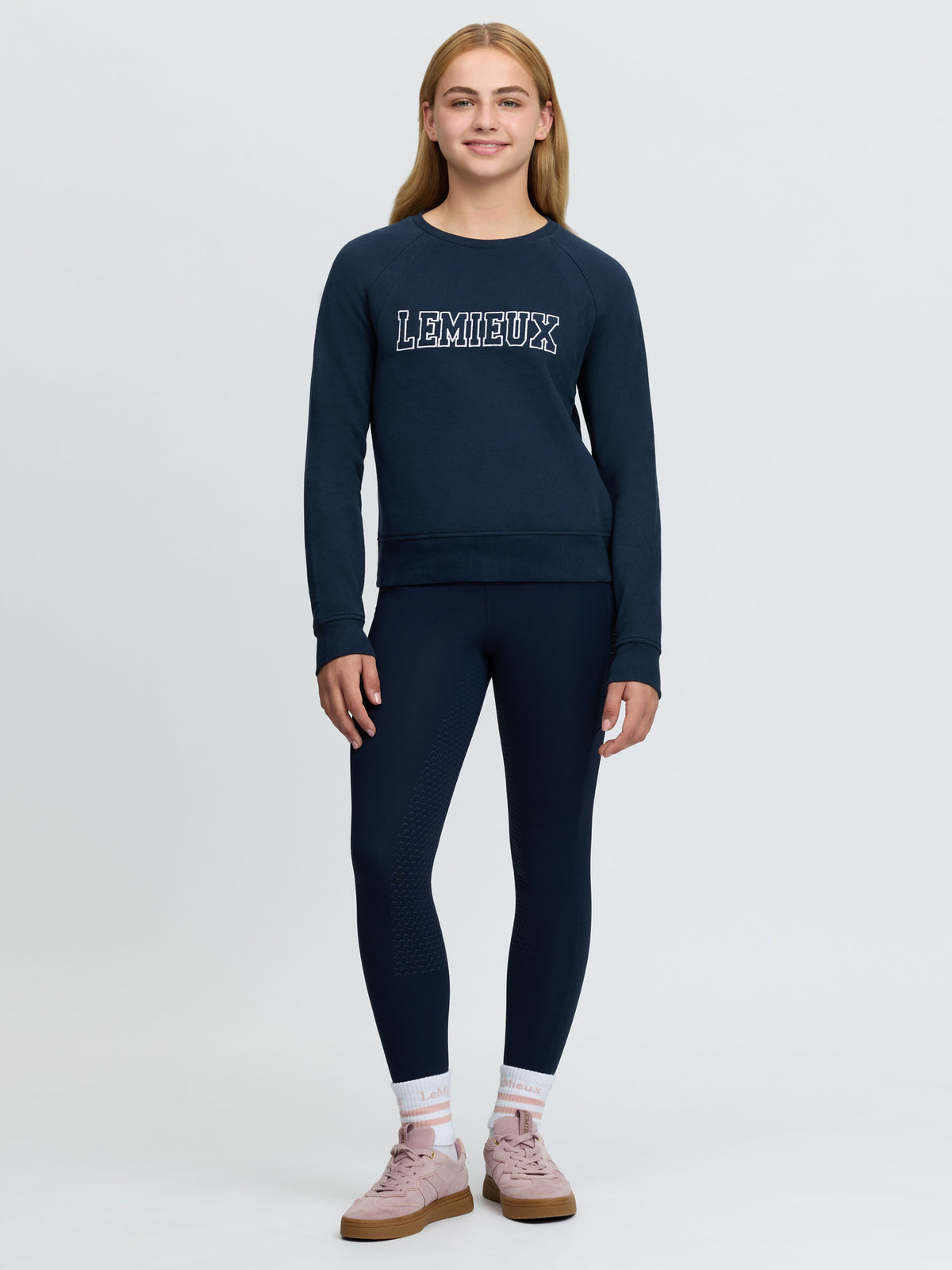 LeMieux Young Rider Varsity Crew Navy Sweatshirt - Classic equestrian style for young riders.