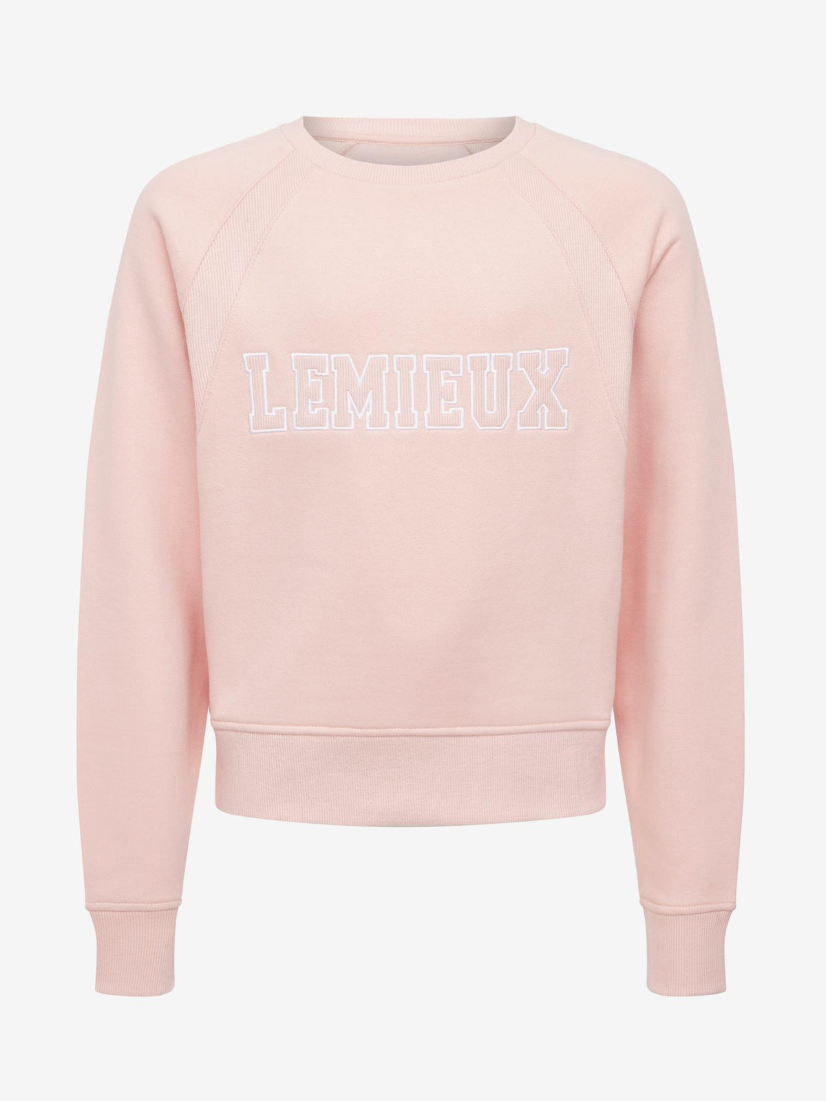 Pink LeMieux Young Rider Varsity Crew sweatshirt with contrast chest graphic.