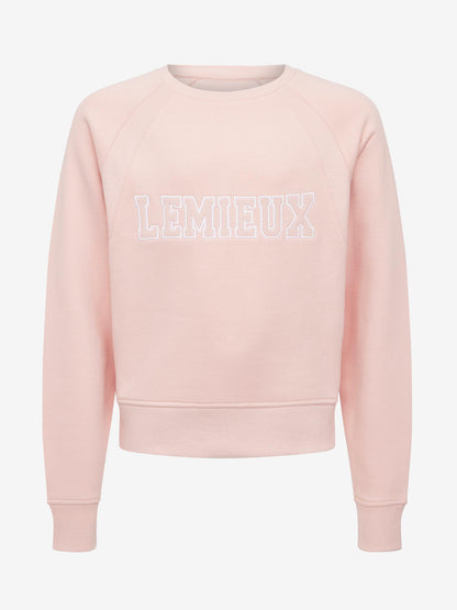 Pink LeMieux Young Rider Varsity Crew sweatshirt with contrast chest graphic.