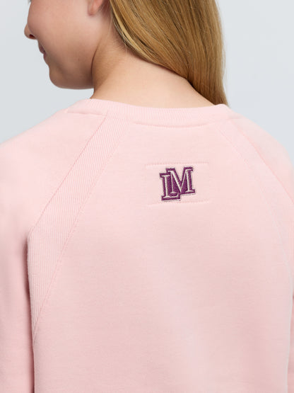 Pink LeMieux Young Rider Shay Varsity Crew sweatshirt with purple IM logo