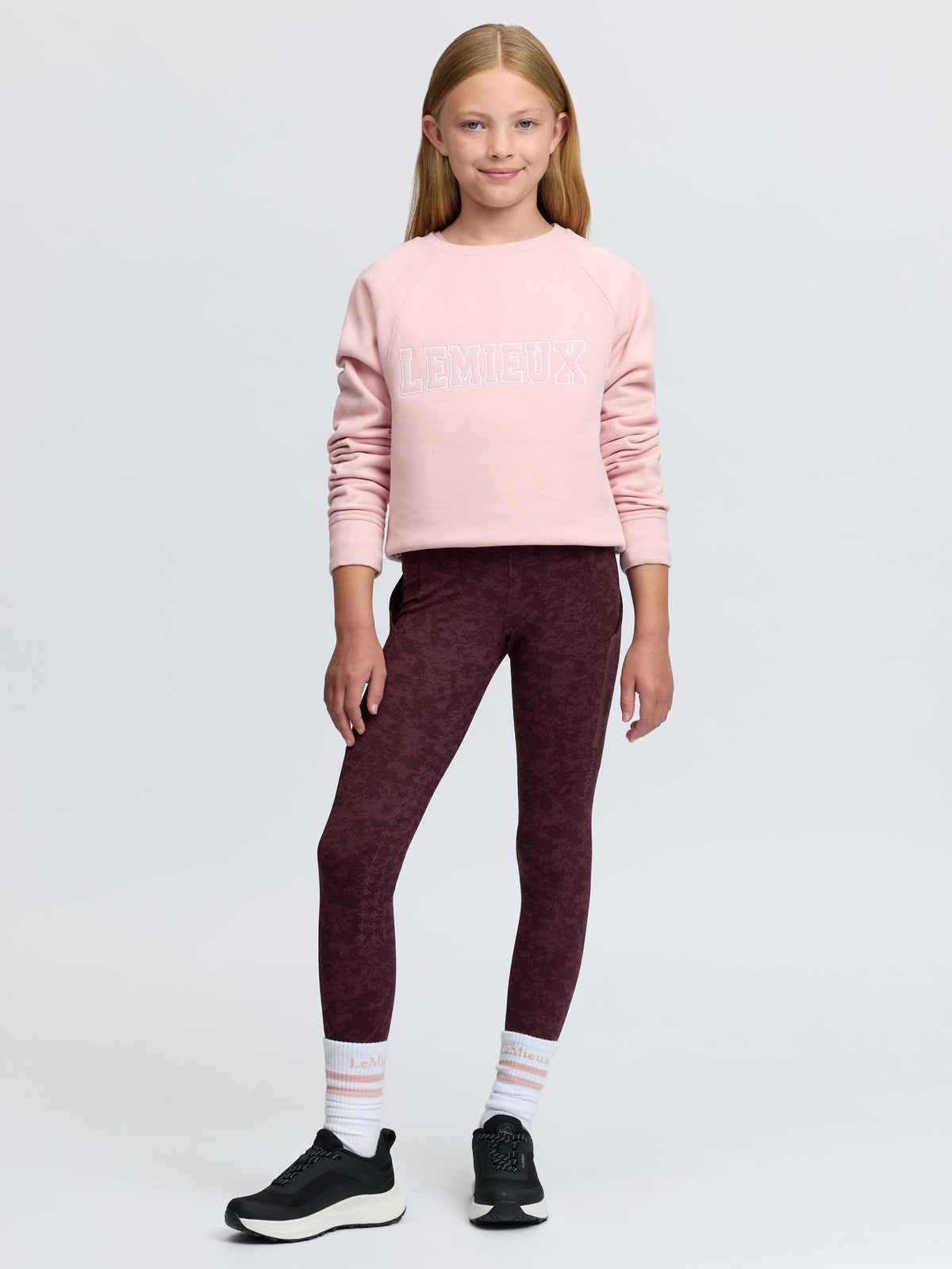 LeMieux Young Rider Shay Varsity Crew sweatshirt in Petal pink, equestrian style
