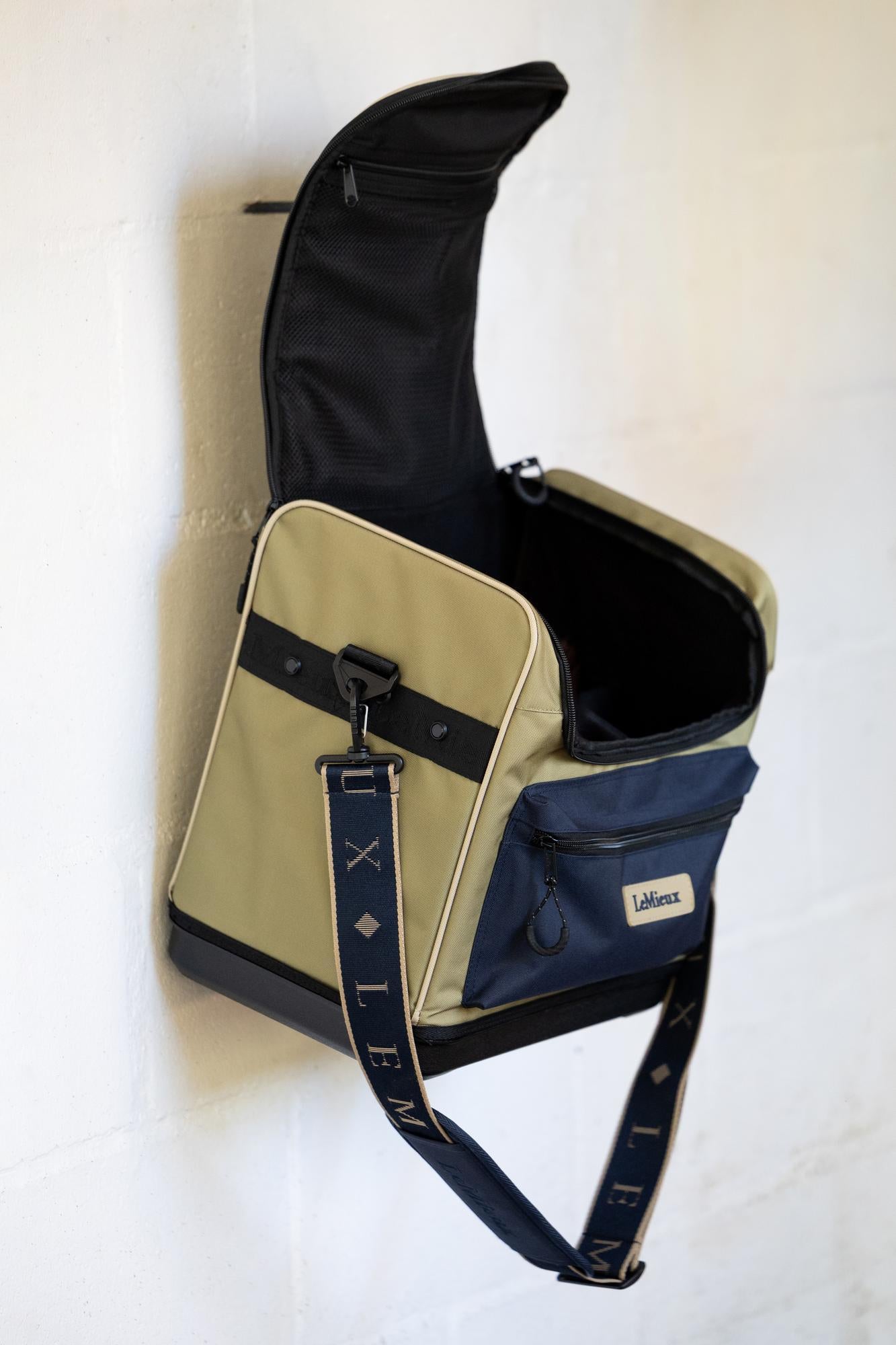 LeMieux Elite Pro Grooming Bag in Gooseberry - tan, navy, logo strap, open interior