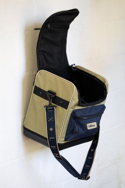 LeMieux Elite Pro Grooming Bag in Gooseberry - tan, navy, logo strap, open interior