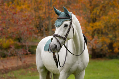 White horse wearing teal LeMieux Classic Fly Hood Aloe and saddle pad in autumn setting.