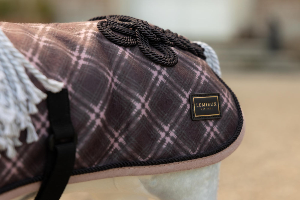 LeMieux toy pony Heritage rug in cocoa brown with pink plaid and braided detail. | ✅