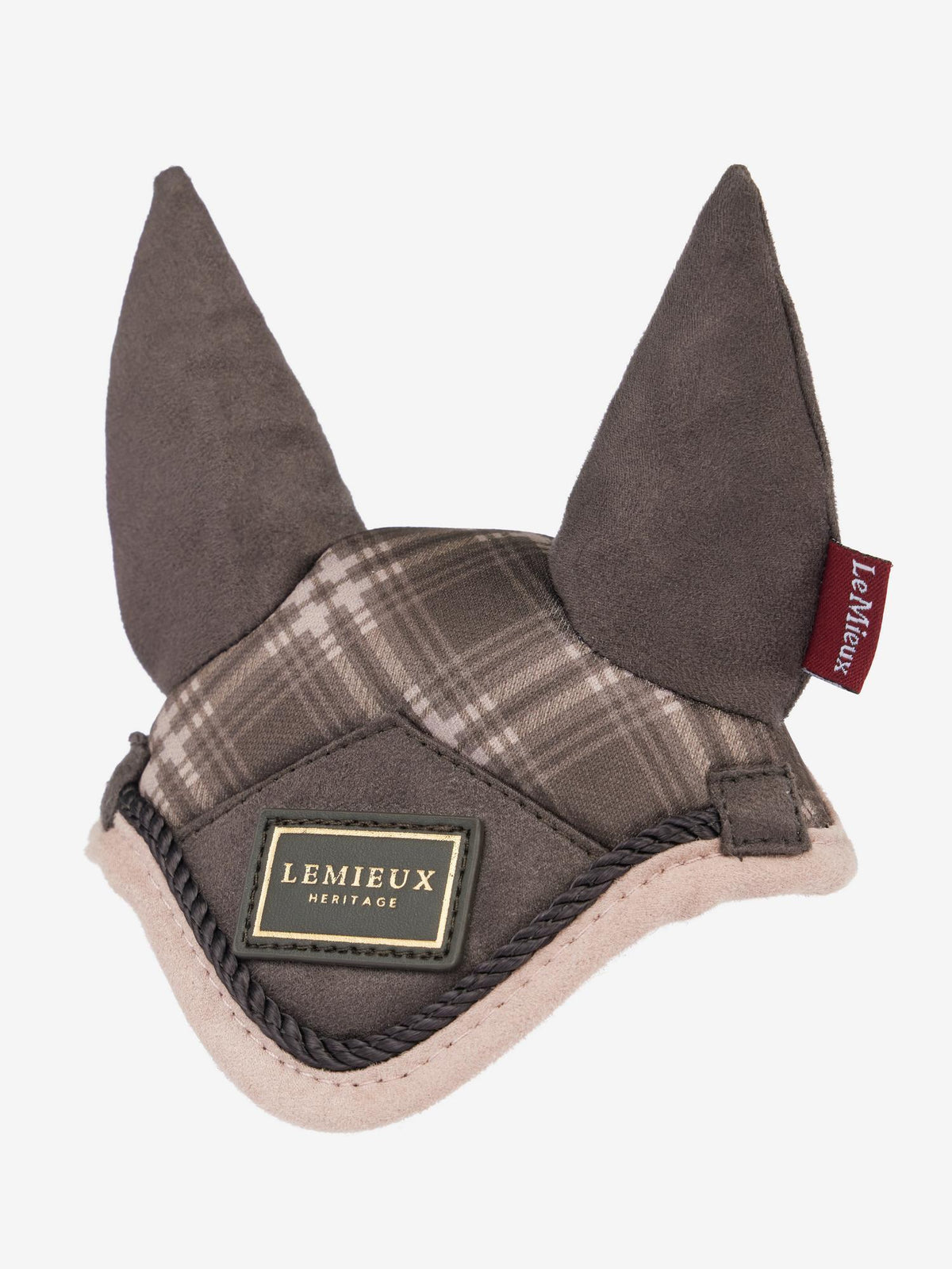 LeMieux toy pony fly hood in cocoa with heritage check and detailed LeMieux badge.