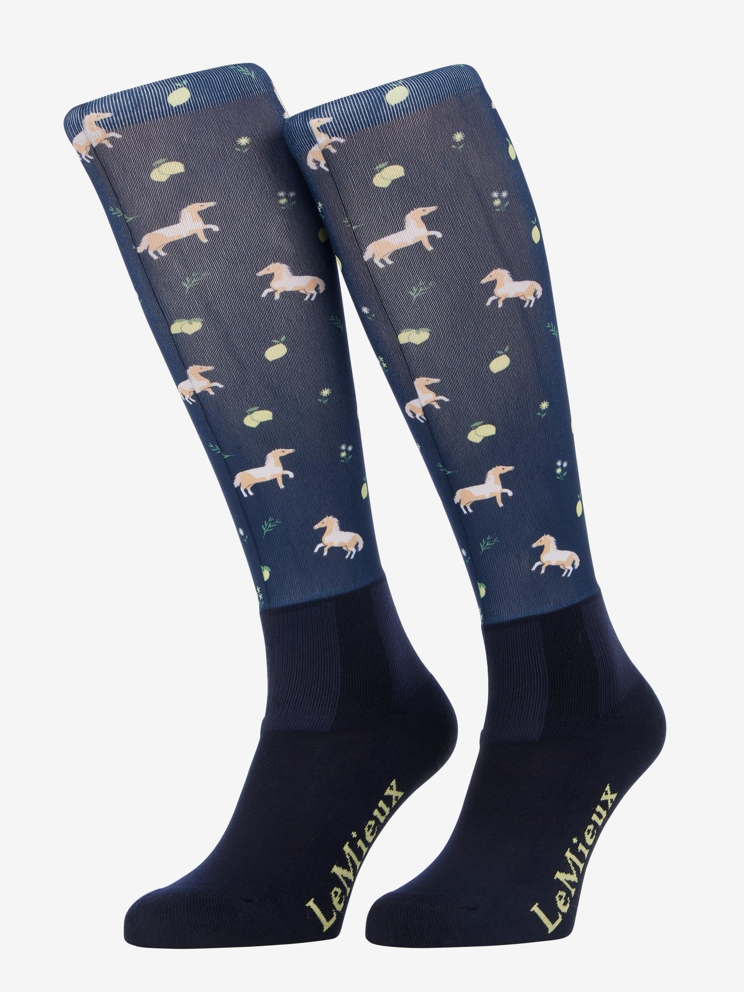 LeMieux navy footsie equestrian socks with horse and lemon print