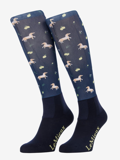 LeMieux navy footsie equestrian socks with horse and lemon print