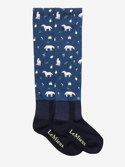 LeMieux Footsie Socks in navy with a playful horse and lemon print