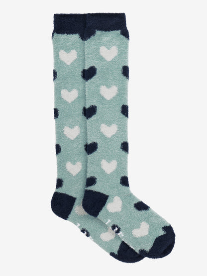 LeMieux Heart Fluffies knee-high fuzzy socks with heart pattern in teal, white, and navy.