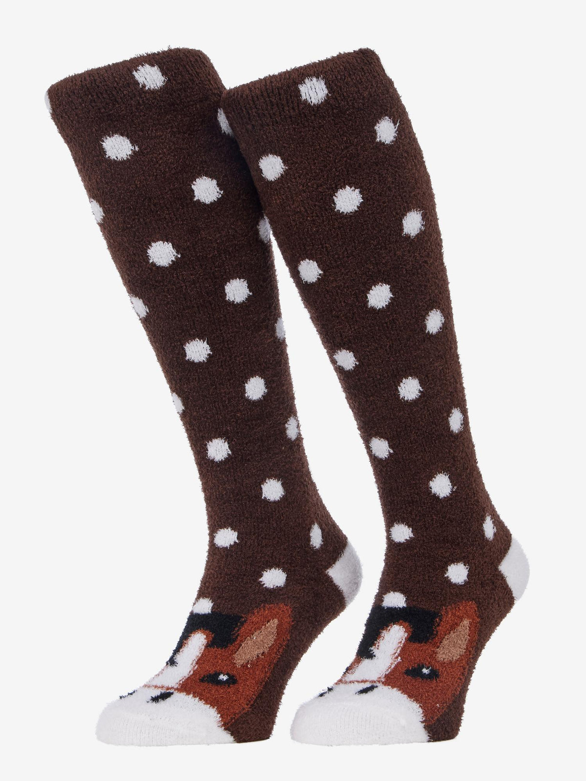 Brown fluffy knee-high socks with white polka dots and a fox character design.