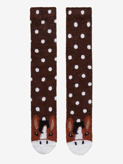 LeMieux Titan fluffy brown horse character socks with white polka dots for kids