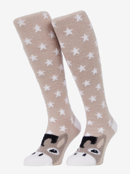 LeMieux fluffy knee-high socks with cute donkey character for kids.