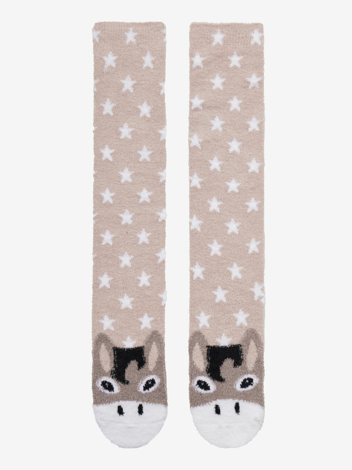 Fluffy donkey face kids socks with white star print, warm and cozy children's legwear.