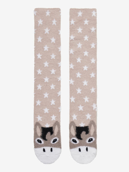 Fluffy donkey face kids socks with white star print, warm and cozy children's legwear.
