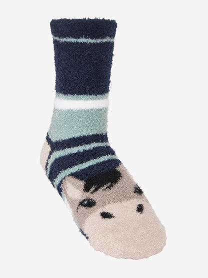 LeMieux Mini Fluffy Pony Socks Oakie - Cozy warm socks with navy, teal stripes & pony face print.