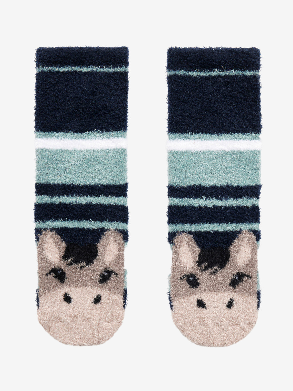 LeMieux Oakie fluffy donkey character socks for kids, warm, cozy, striped design.