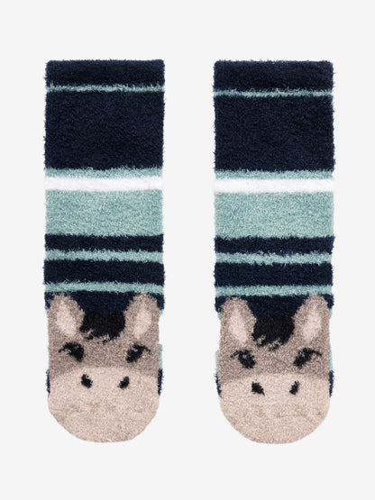 LeMieux Oakie fluffy donkey character socks for kids, warm, cozy, striped design.