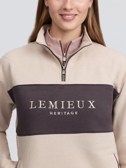 LeMieux Heritage Quarter Zip Sweat in stone, women's equestrian apparel with diamond quilting and contrast panel.