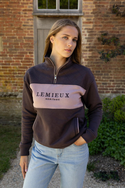 LeMieux Heritage Quarter Zip Sweat Cocoa: Women's brown equestrian sweatshirt with embroidered logo