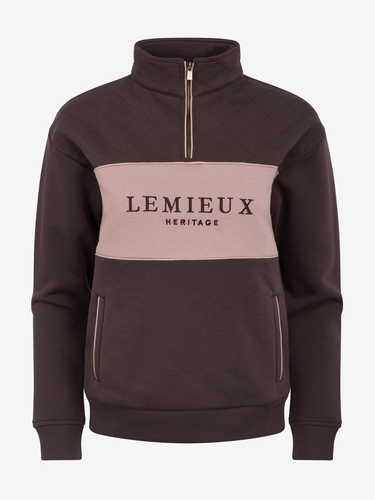 LeMieux Heritage Cocoa Brown Quarter Zip Sweatshirt with Diamond Quilt Chest