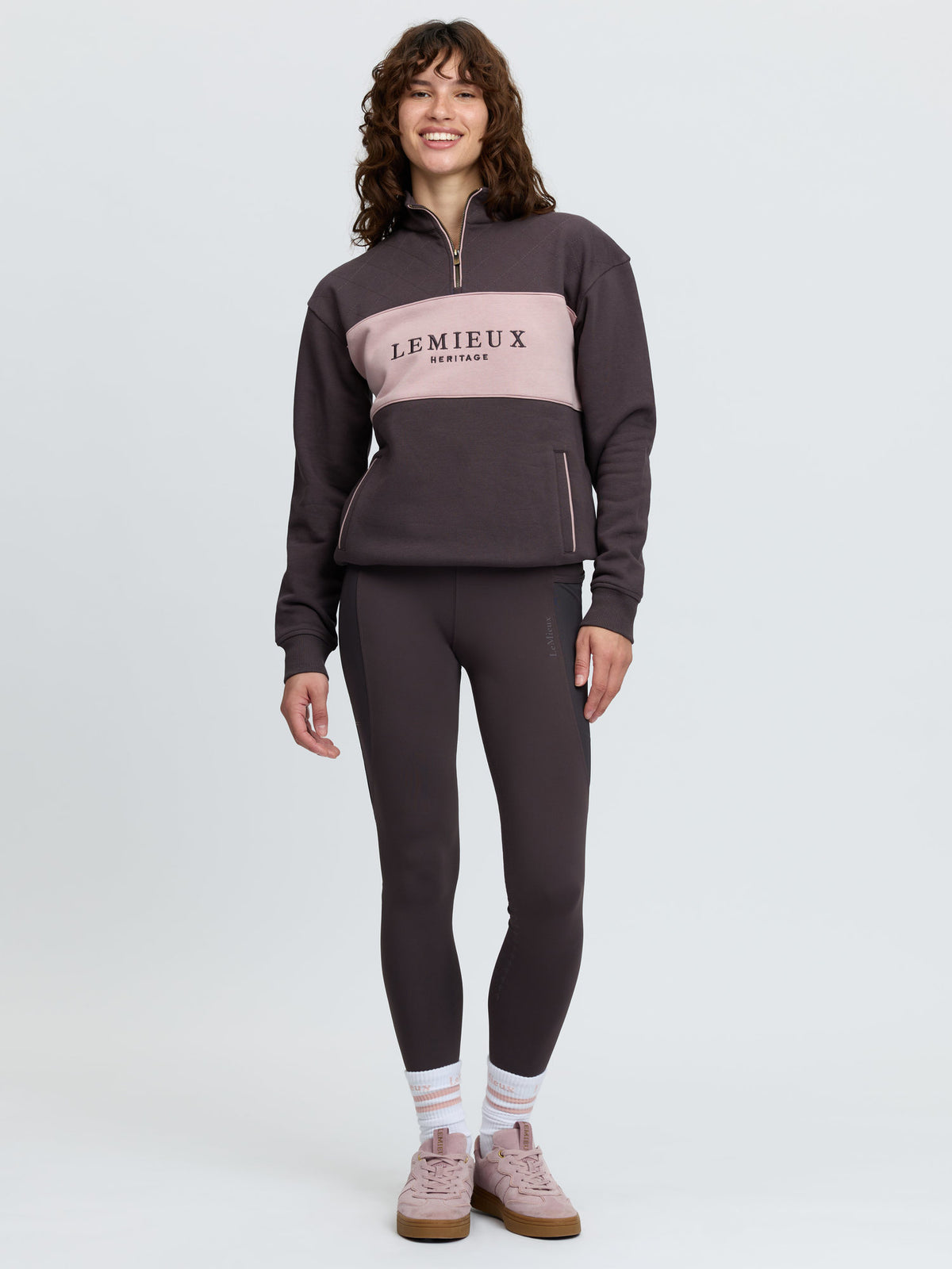 LeMieux Heritage Quarter Zip Sweatshirt in Cocoa: Women's cozy equestrian sportswear fashion.