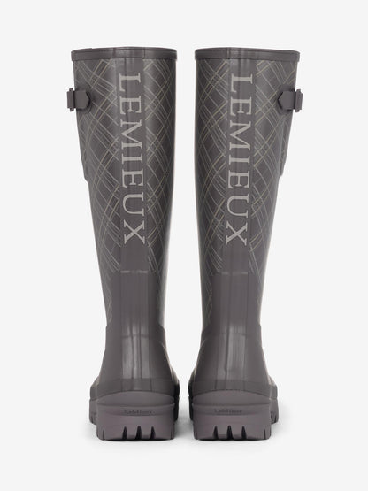 LeMieux Heritage Bramshaw Welly Cocoa boots with check print, featuring a durable rubber outsole and buckle detail.