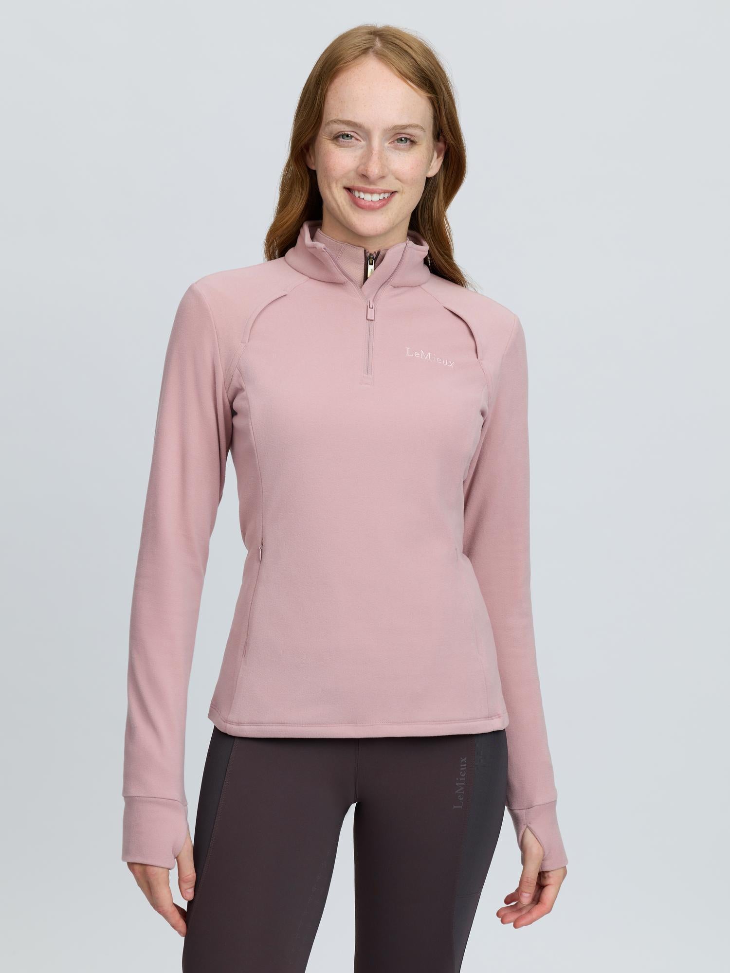 LeMieux Frances Quarter Zip Fleece in Wild Rose - Women's athletic and equestrian top with thumbholes.