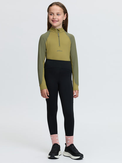 LeMieux Mini Base Layer in Gooseberry/Willow worn by a young girl, perfect for equestrian activities.