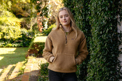 LEMLEUX AVERY TEDDY QUARTER ZIP FLEECE CARAMEL - Women's Cosy Sherpa Hoodie
