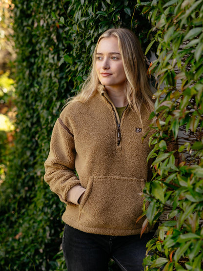 Lemieux Avery Teddy Quarter Zip Fleece in Caramel for women with LM logo, cozy pullover style.