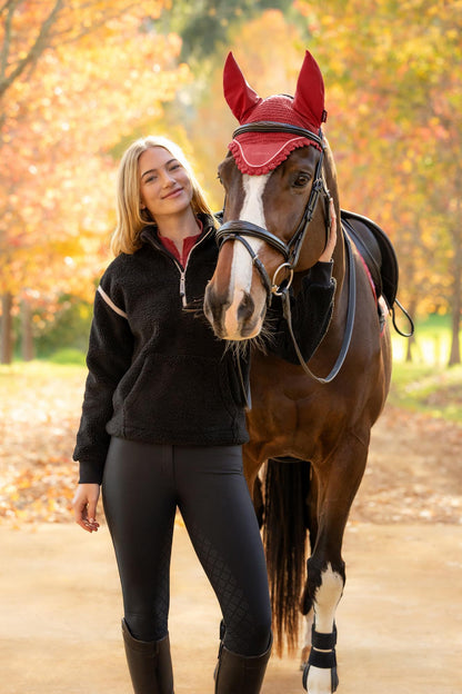 LeMieux Avery Teddy Quarter Zip Fleece Black: Woman with horse in autumn, cozy equestrian wear