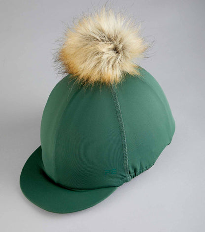Green Premier Equine Hat Silk with Faux Fur Pom Pom | Equestrian Riding Hat Cover