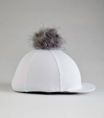 Equiflair Equestrian Helmet Cover - White Jersey Hat Silk with Faux Fur Pom Pom
