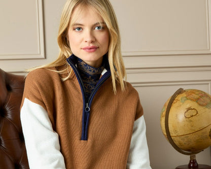 Joules Varsity Brown & Cream Colourblock Jumper - Quarter Zip Cotton Sweater