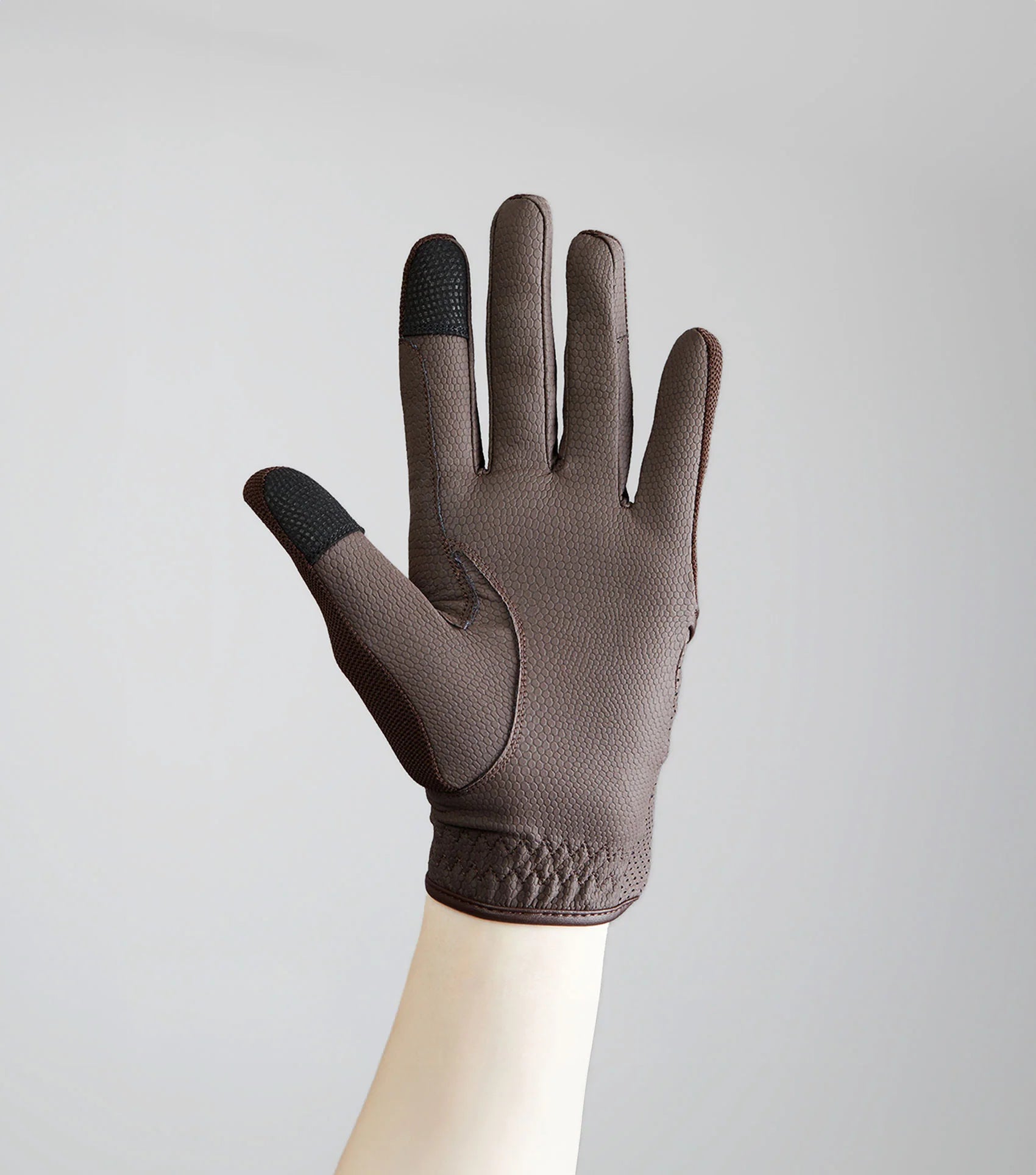 Premier Equine Presa Junior Brown Mesh Riding Gloves: Equestrian gear, breathable, touch screen compatible.