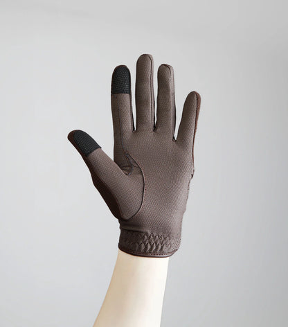 Premier Equine Presa Junior Brown Mesh Riding Gloves: Equestrian gear, breathable, touch screen compatible.
