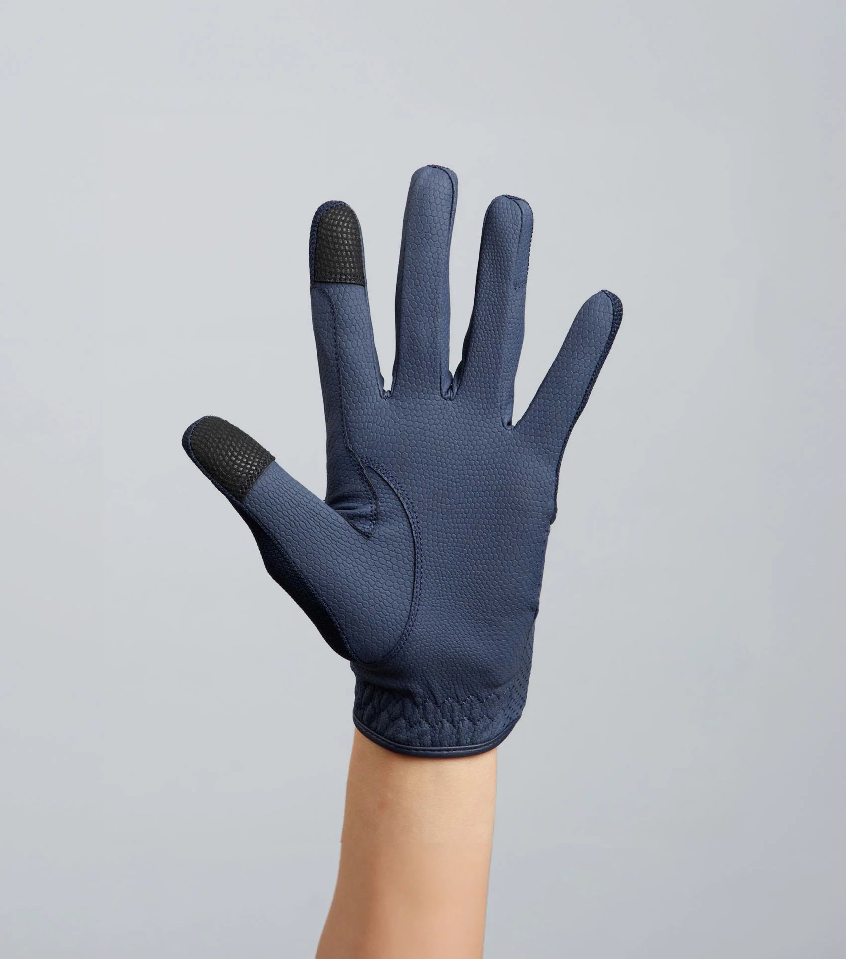 PREMIER EQUINE Junior Mesh Riding Gloves Navy - Equestrian Gloves with Touch Screen, Hand Showing Glove Detail