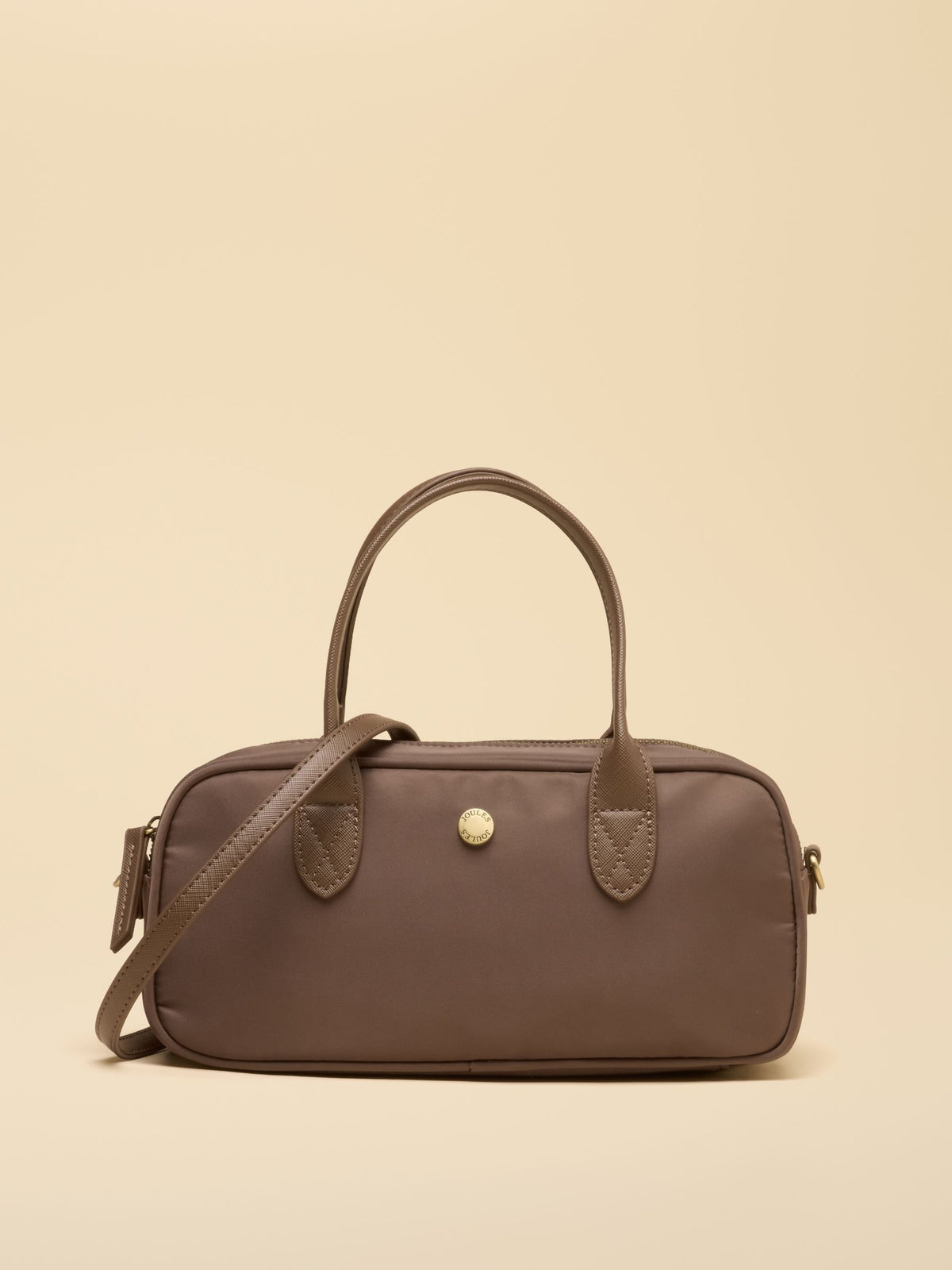 Joules Women's Mocha Brown East West Zip Crossbody Bag with adjustable strap and gold hardware.