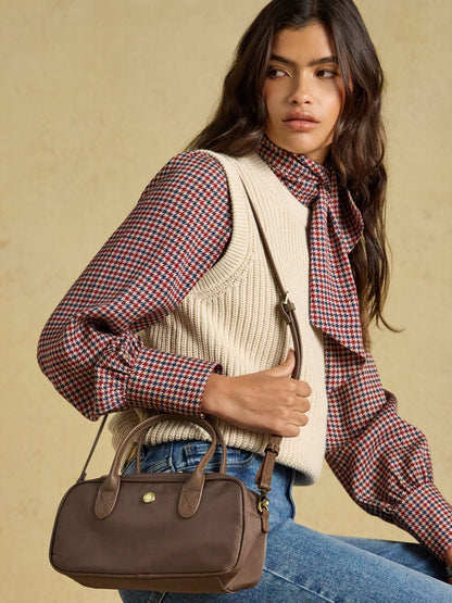 Joules women's mocha brown East West zip crossbody bag with faux-leather trim and gold hardware.