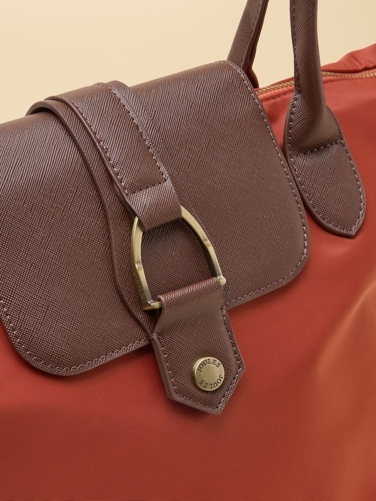 Joules rust orange shopper bag with textured leather trim and gold stirrup hardware detail