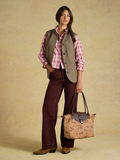 Joules Edie Zip Top Shopper Bag in Natural Rodeo country print with horse and western motifs.
