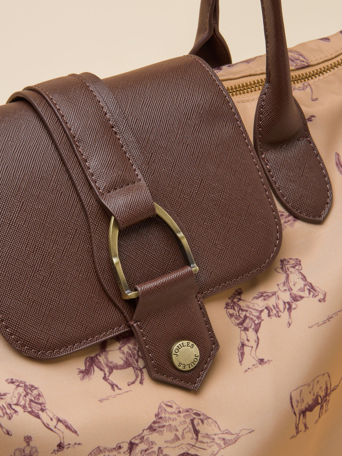 Joules Women's Edie Shopper Bag with Natural Rodeo Horse Print and Brown Faux Leather Trim