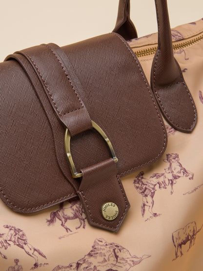 Joules Women's Edie Shopper Bag with Natural Rodeo Horse Print and Brown Faux Leather Trim