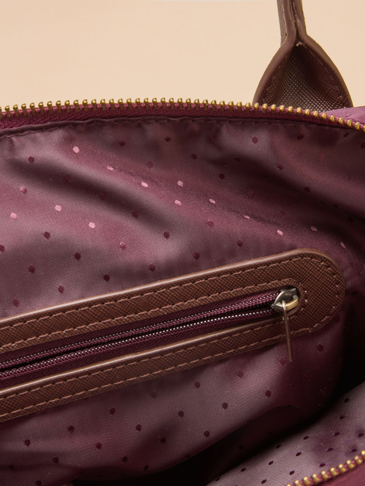 Joules Edie Zip Top Shopper Bag Port Red interior with burgundy polka dot lining & zipper pocket